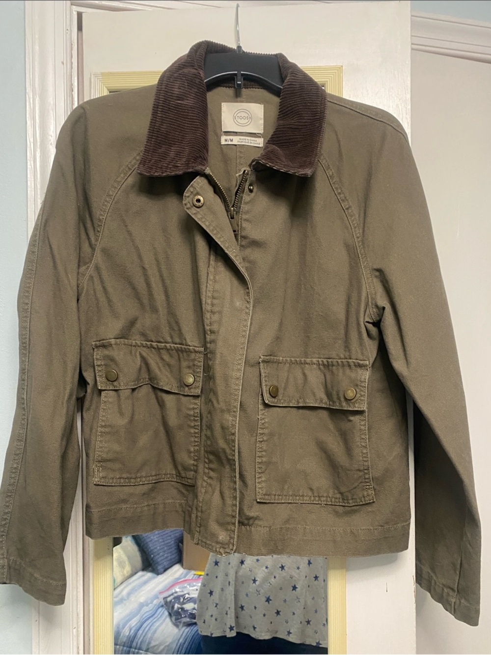 Stoosh Olive Green Cotton Field Jacket with Brown Corduroy Collar women med